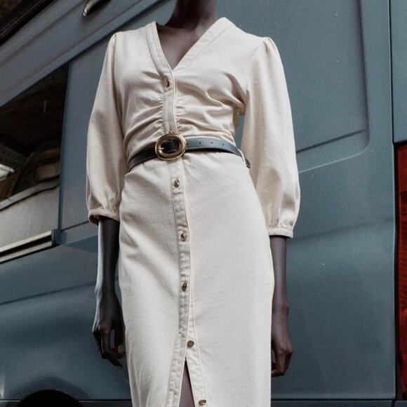 Zara Dresses & Skirts - Zara - ECRU Belted Balloon Sleeve Midi Dress - L